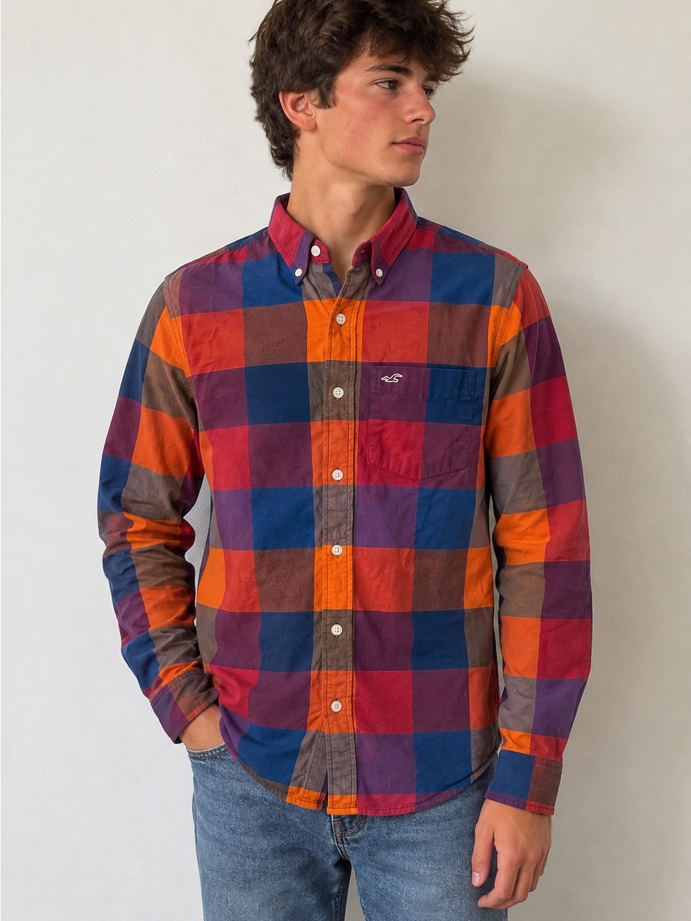 Hollister Men's Orange, Blue & Red Plaid Button-Down Shirt